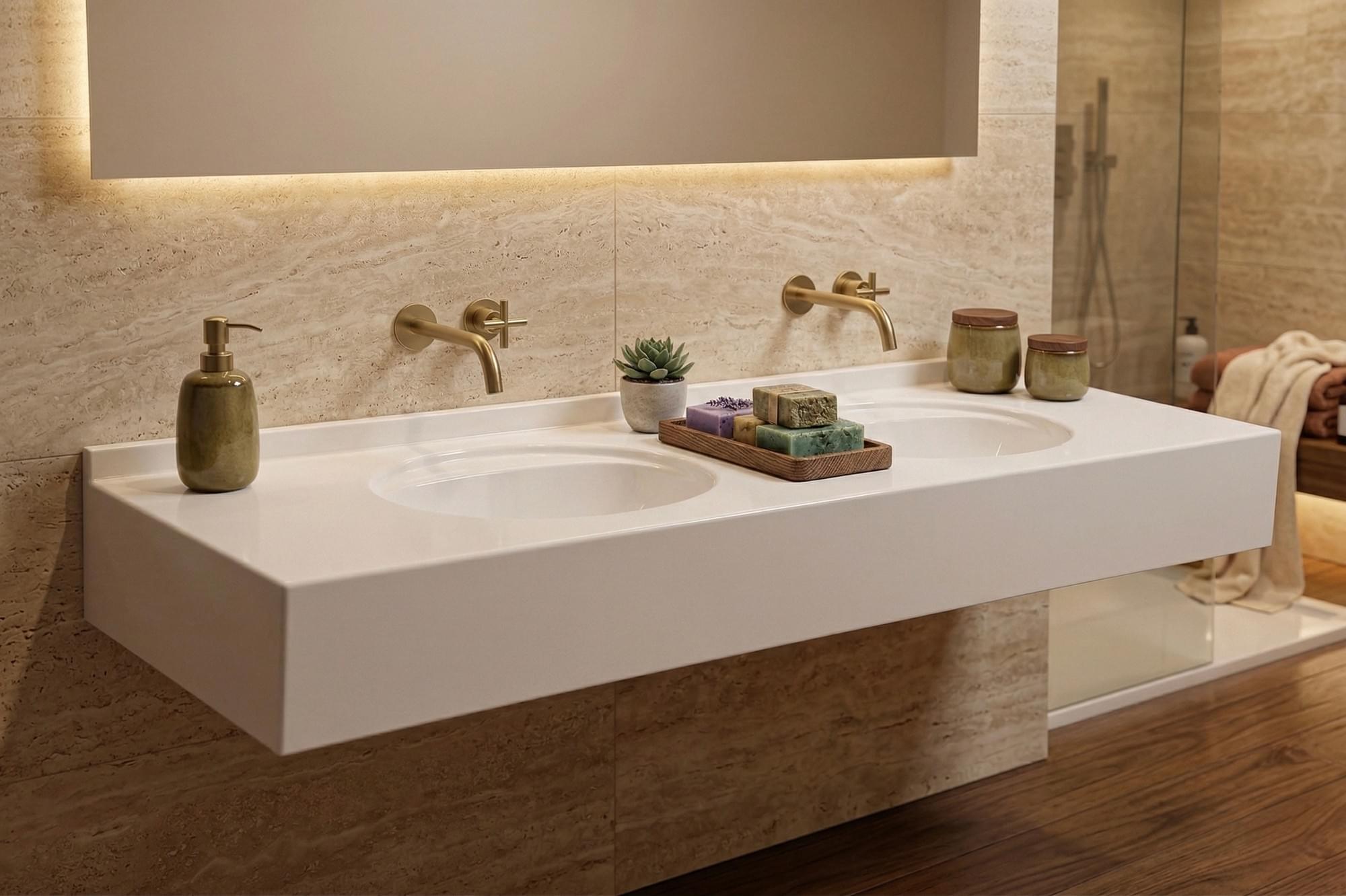 Salle de bains Bluestone contemporaine avec plan-vasque double
